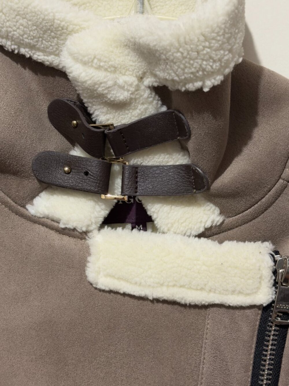 Vigoss Faux Suede Shearling Moto Aviator Jacket Taupe Medium Cozy - Picture 7 of 16